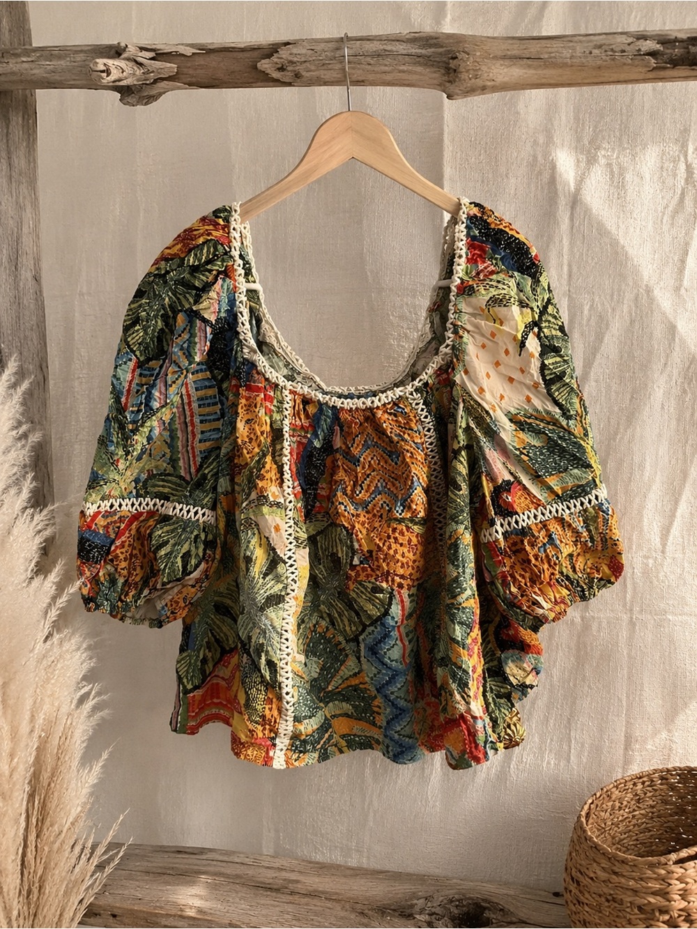 Farm Rio By Anthropologie Women’s Lace‎ Inset Multicolor Peasant Blouse Large